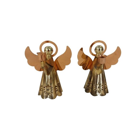 Vintage Christmas Set of 2 Brass And Copper Angel Candle Holders - Picture 1 of 6